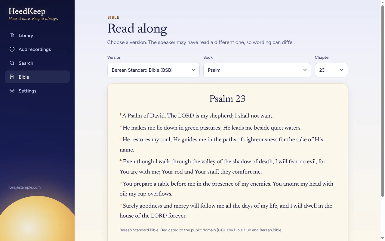 The Bible reader showing Psalm 23 with a version chooser, book and chapter pickers.